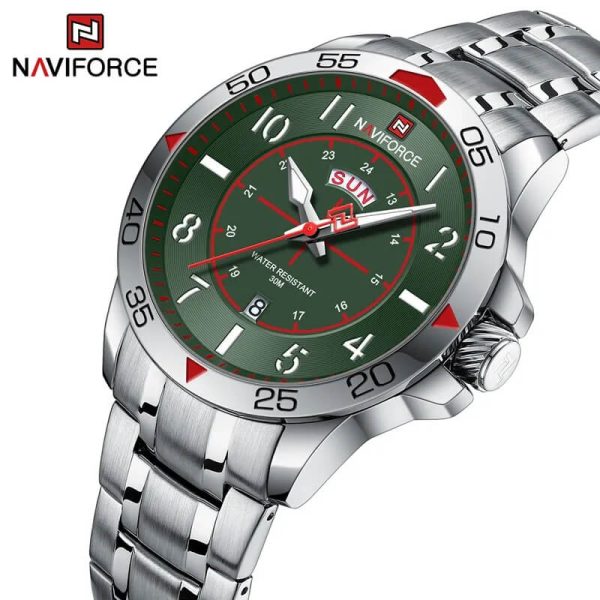 NaviForce NF9204 Stylish Day Date Display Stainless Steel Military Watch For Men - Green/Silver