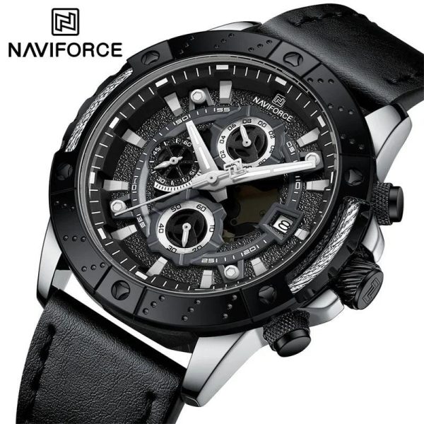 NaviForce NF8055 Men's Multifunction Chronograph Date Display Leather Strap Watch - Black