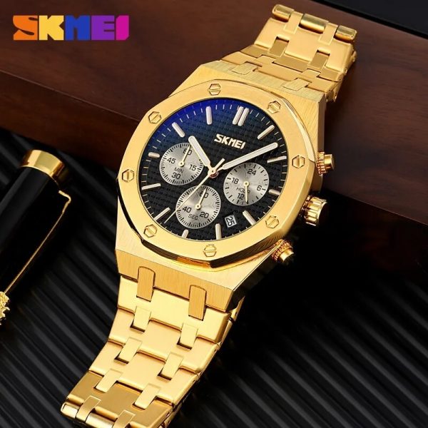 SKMEI 9296 Men's Classic Chronograph Stainless Steel Luminous Date Display Quartz Watch - Black/Golden - Image 2