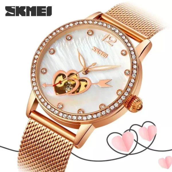 Skmei 9255 Fashion Women Luxury Stainless Steel Watch Waterproof Automatic Diamond Mechanical Watch - Rosegold