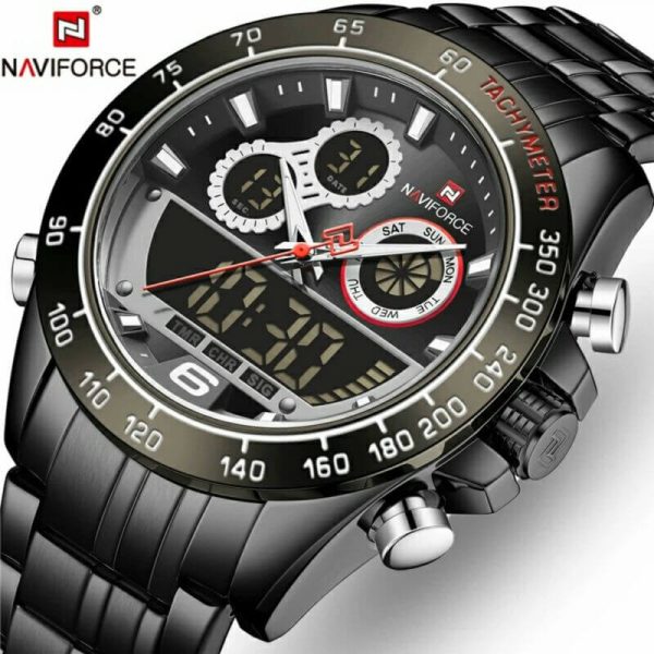 NAVIFORCE NF9188 Men's Stainless Steel Double Time Digital/Analog Quartz Wristwatch - Black