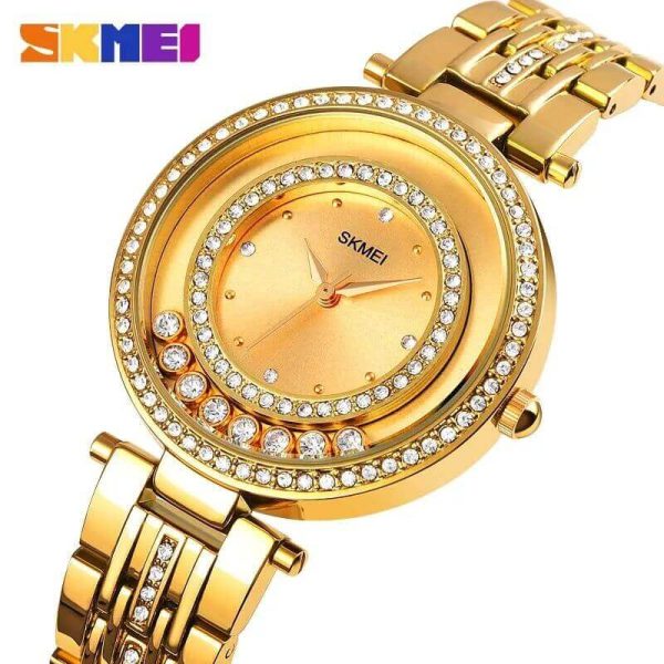 SKMEI 1740 Fashionable Diamond Surrounded Stainless Steel Quartz For Women - Golden