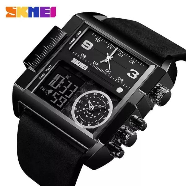 SKMEI 1584 Men's Multifunction Square Dial Digital Analog LED Chronograph Leather Strap Wristwatch - Black