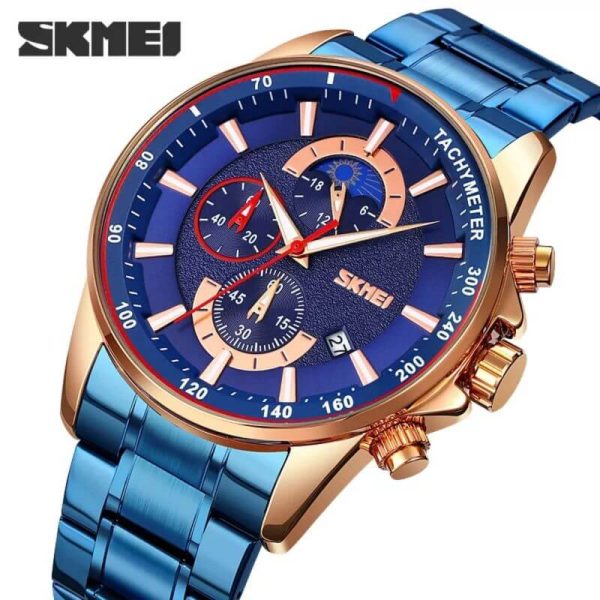 SKMEI 9285 Men's Business Multifunction Date Display Chronograph Stainless Steel Watch - Blue/RoseGold