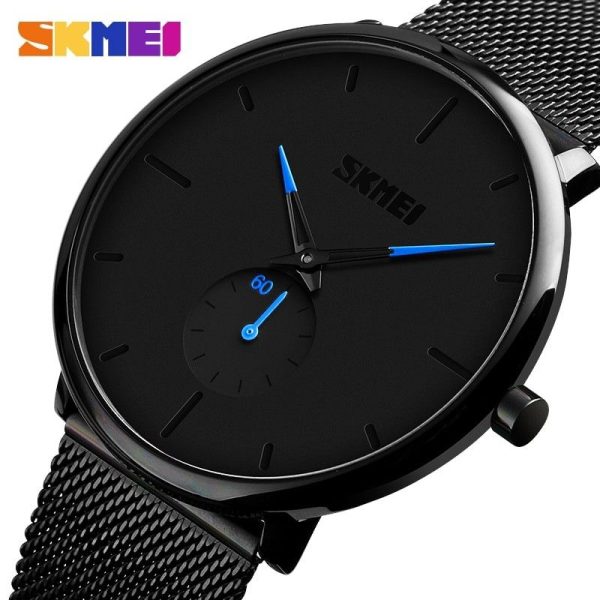 SKMEI 9185 Simple Classic Stainless Steel Mesh Waterproof Quartz Wristwatch For Men - Black/Blue