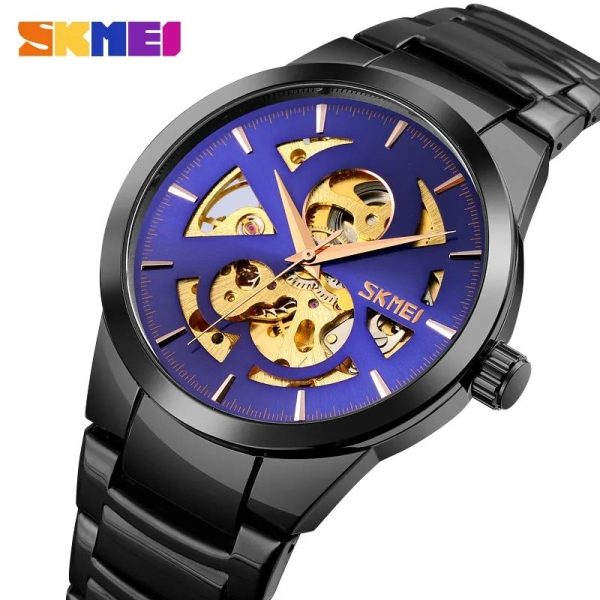 SKMEI 9243 Casual Men's Automatic Mechanical Fashion Hollow Dial Stainless Steel Strap Watch - Blue/Black