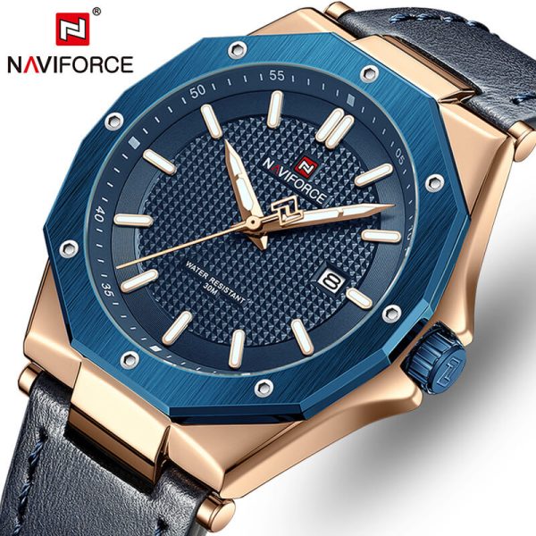 NaviForce NF9200 Men's Quartz Polygon Vogue Leather Strap Date Function Watch - Blue