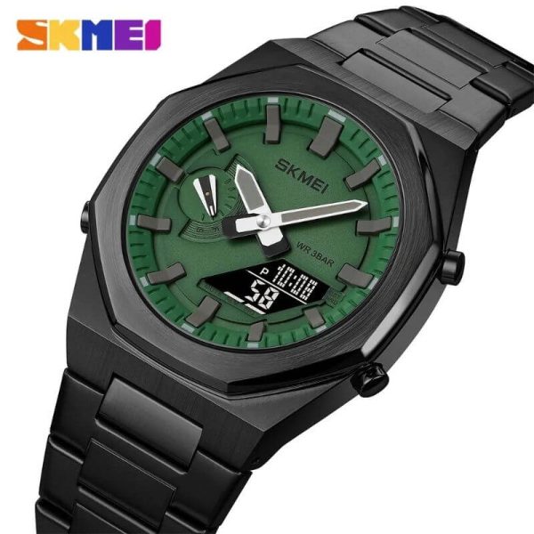 SKMEI 1816 Men's Electronic Dual Display Stainless Steel Multifunction Luminous Watch - Black/Green