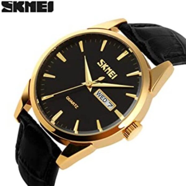 SKMEI 9073 Classic Luxury Day Date Display Stick Index Leather Strap Quartz Watch For Men - Black