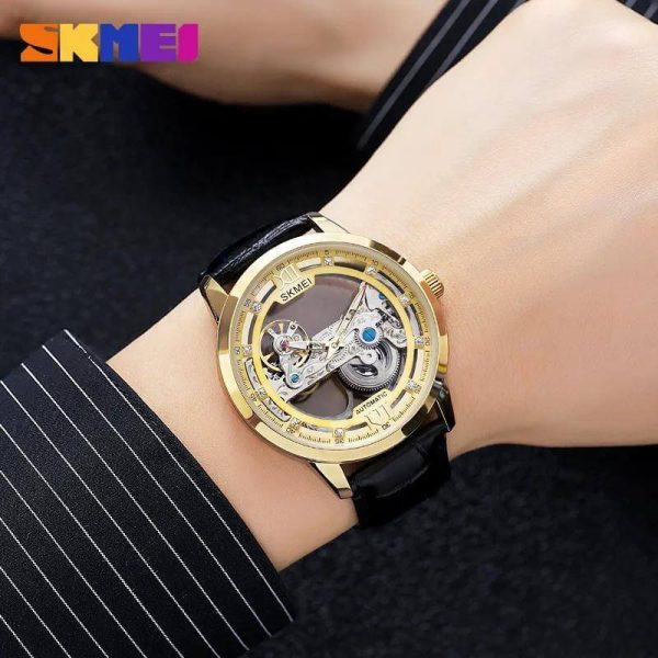 SKMEI M031 Fully Automatic Men's Hollowed Out Fashion Mechanical  Leather Strap Watch - Silver/Golden - Image 2