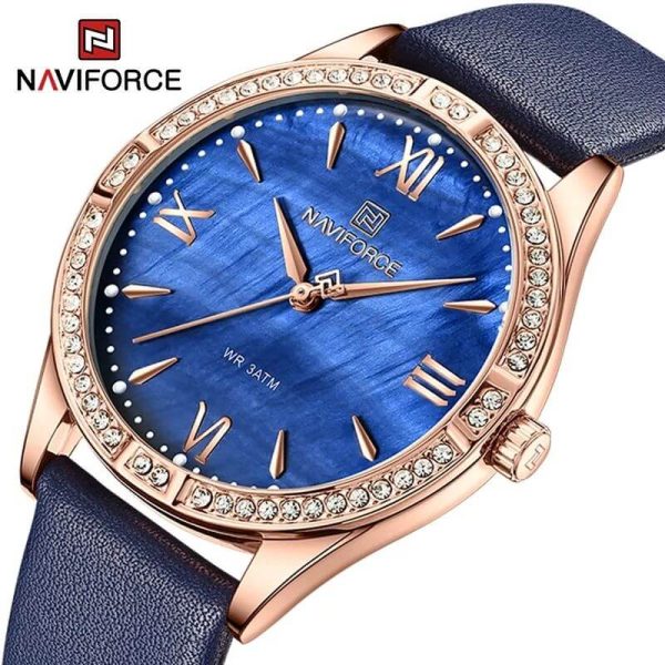 NaviForce NF5028 Women's Fashion Rhinestone Surrounded Roman Numeral Index Leather Quartz Watch - Blue