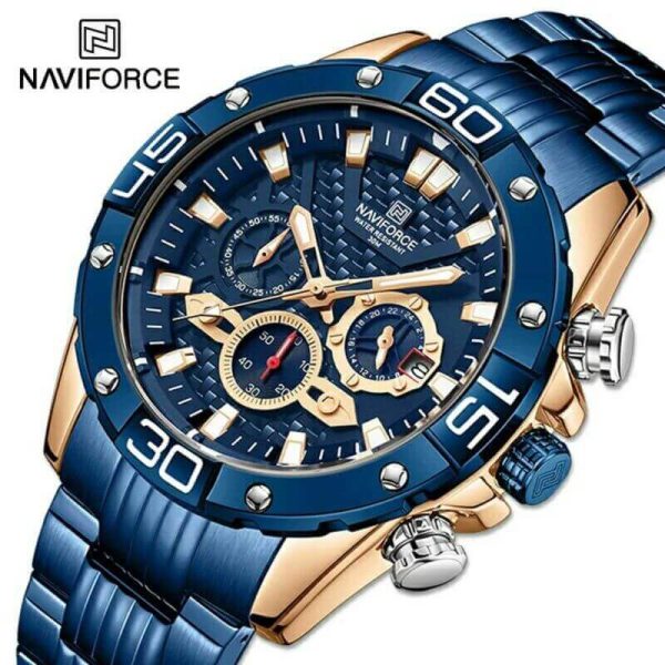 NAVIFORCE NF8019 Men's Stainless Steel Multifunction Luminous Chronograph Quartz Watch  - Rosegold/Blue