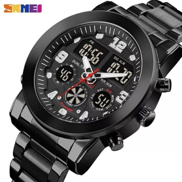 SKMEI 1642 Men's Casual Chronograph LED Digital Analog Stainless Steel Wrist Watch - Black