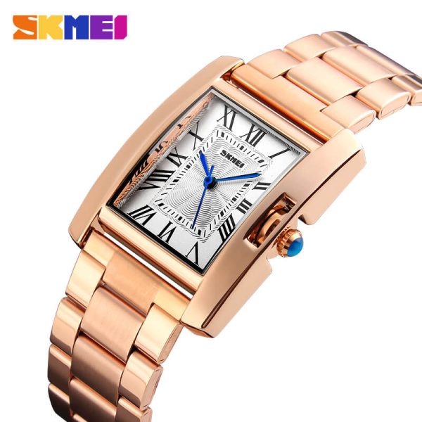 SKMEI 1284 Women's Fashionable Rectangle Dial Roman Numeric Index Design Stainless Steel Analog Watch - RoseGold