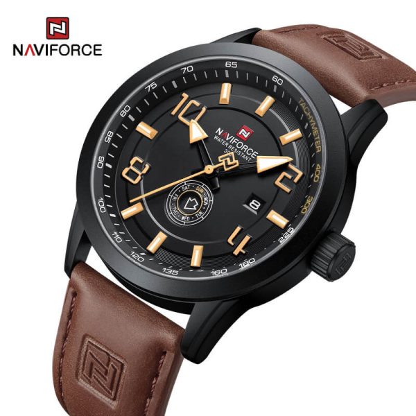 NaviForce NF9229 Classic Business Lumnious Date Day Function Analogue Quartz Wristwatch For Men - Yellow/Brown