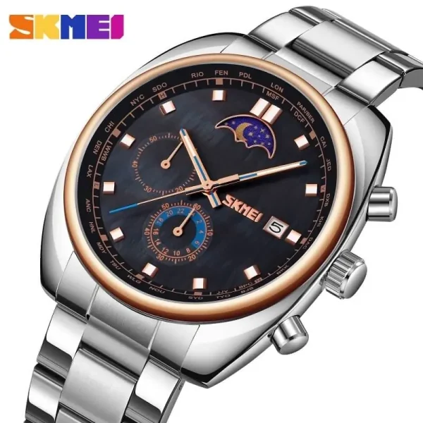 SKMEI 9325 Men's Business Moon Phase Chronograph Luminous Pointer Date Display Stainless Steel Watch - Black/Rosegold