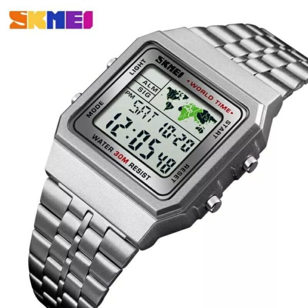 SKMEI 1338 Men's Stainless Steel Countdown Time Zone Waterproof LED Electronic Digital Watch - Silver