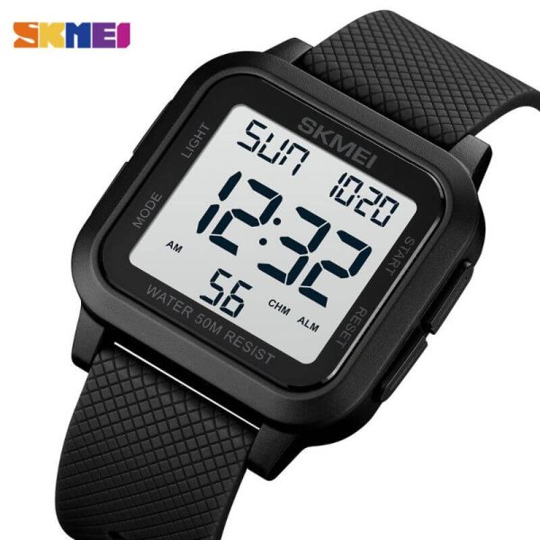 SKMEI 1894 Digital Movement Stopwatch Countdown LED  Display Square Shape Watch For Men - Black/White