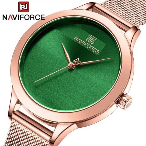 NaviForce NF5027 Simple Casual Round Mesh Stainless Steel Quartz Watch For Women - Green/Rosegold