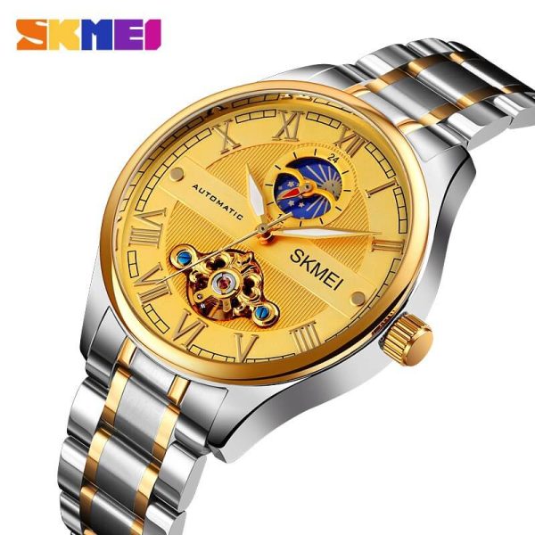 SKMEI M024 Fashionable Automatic Moon Phase Mechanical Roman Numeric Index Luminous Stainless Steel  Men's Watch - Gold/ Silver