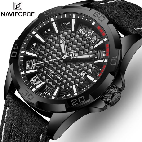 NaviForce NF8023 Men's Classic Date Display Luminous Quartz Leather Strap Watch - Black/White