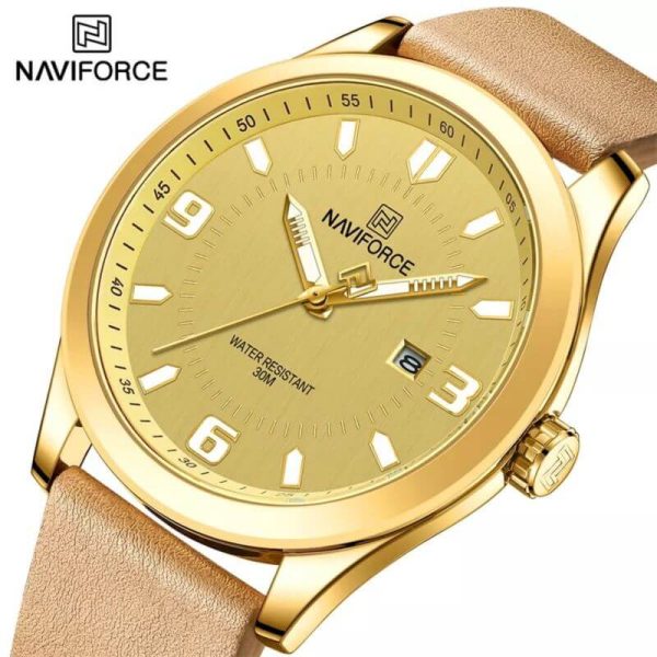 NaviForce NF8024 Casual Slim Dial Date Display Leather Strap Wristwatch For Men - Golden