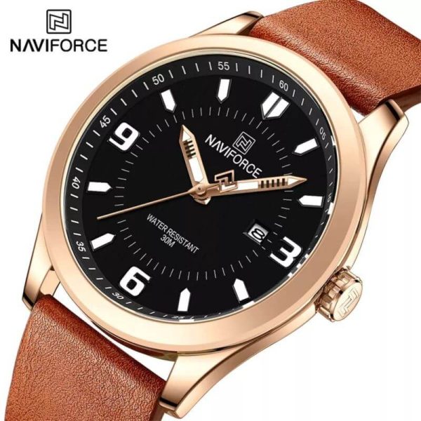 NaviForce NF8024 Casual Slim Dial Date Display Leather Strap Wristwatch For Men - Black/Orange