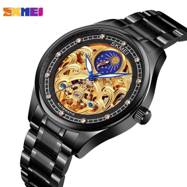 SKMEI M025 Men's Two Tone Moon Phase Mechanical Rhinestone Luminous Stainless Steel Watch - Black/Gold