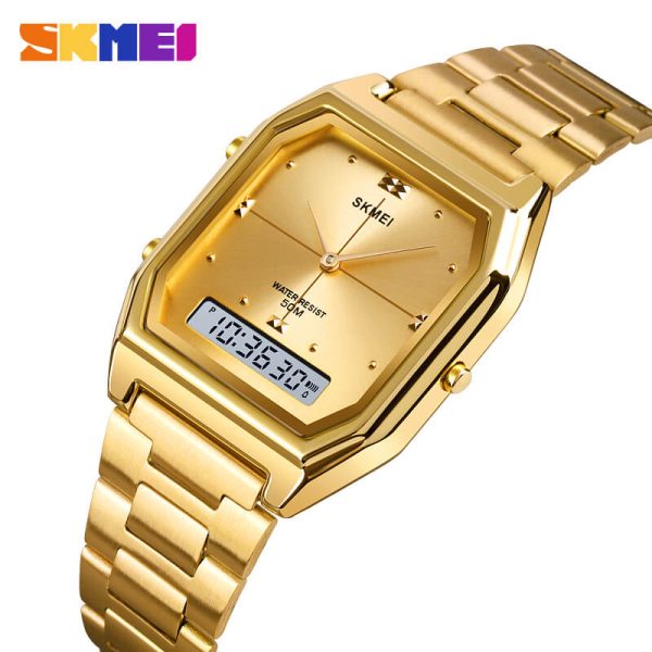 SKMEI 1612 Casual Digital Analog Slim Dial Stainless Steel Watch For Men - Golden