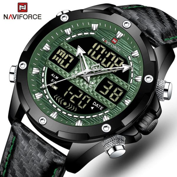 NaviForce NF9194 Multifunction Digital Analog LCD Leather Strap Complete Calendar Wristwatch For Men - Green