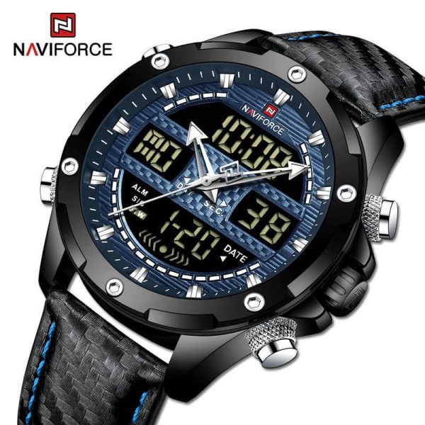 NaviForce NF9194 Multifunction Digital Analog LCD Leather Strap Complete Calendar Wristwatch For Men - Blue/Black