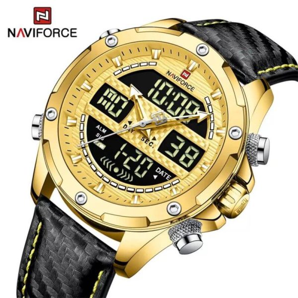 NaviForce NF9194 Multifunction Digital Analog LCD Leather Strap Complete Calendar Wristwatch For Men - Golden/Black