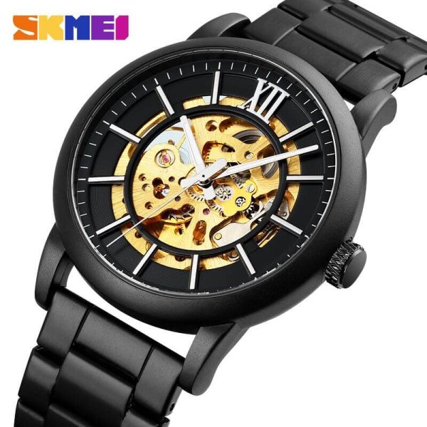 SKMEI 9242 Automatic Mechanical Stainless Steel Band Roman Numeral Index Design Automatic Watch For Men - Black