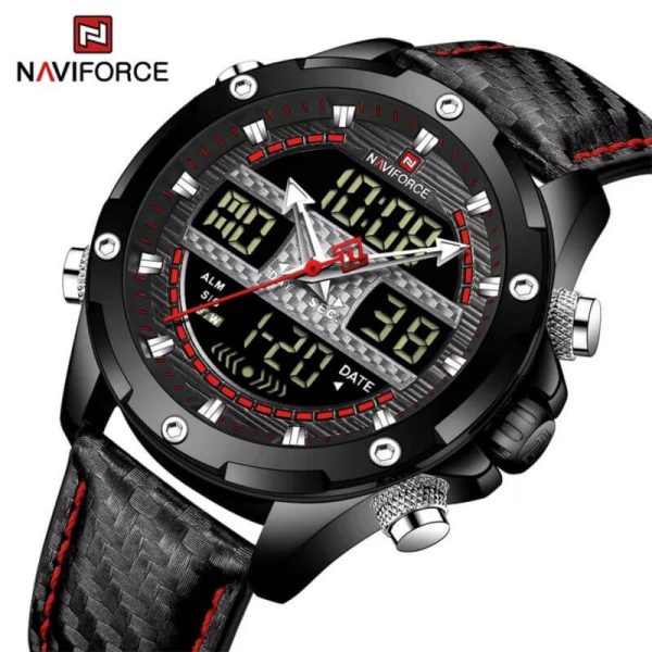 NaviForce NF9194 Multifunction Digital Analog LCD Leather Strap Complete Calendar Wristwatch For Men - Red/Black