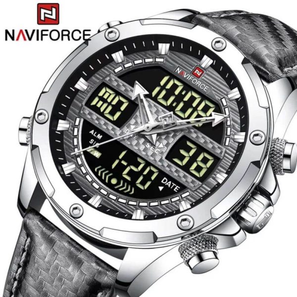 NaviForce NF9194 Multifunction Digital Analog LCD Leather Strap Complete Calendar Wristwatch For Men - Grey