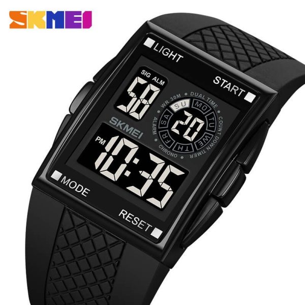 SKMEI 1967 Digital Movement Men's Military Silicone Strap Rectangle Dial Countdown LED Sport Watch - Black