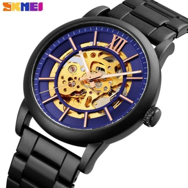 SKMEI 9242 Automatic Mechanical Stainless Steel Band Roman Numeral Index Design Automatic Watch For Men - Blue/Black