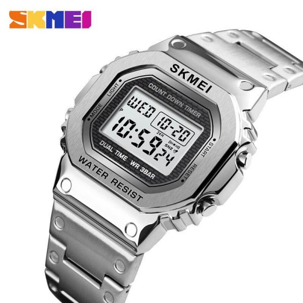 SKMEI 1456 Men's Stainless Steel Countdown Time Zone Waterproof LED Electronic Digital watch - Silver