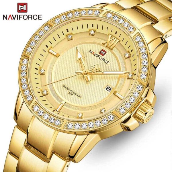 NAVIFORCE NF9187 Diamond Surrounded Date Function Stainless Steel Quartz Watches For Men - Golden