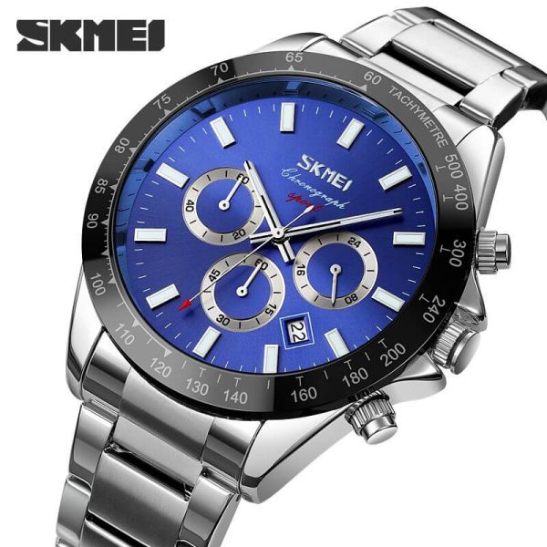 SKMEI 9259 Multifunction Luxury Stainless Steel Watch for Men - Blue/Silver