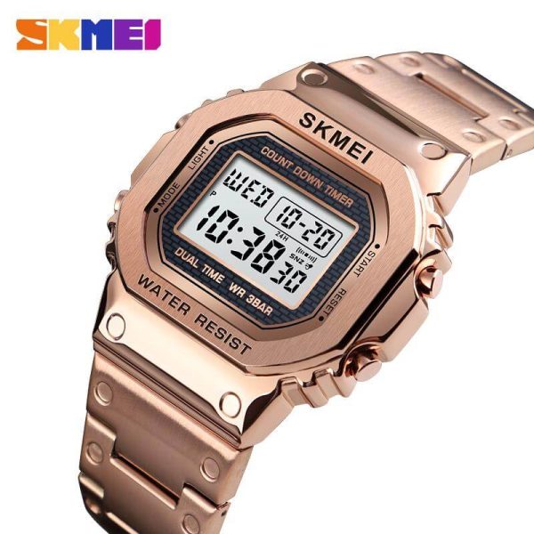 SKMEI 1456 Men's Stainless Steel Countdown Time Zone Waterproof LED Electronic Digital watch - RoseGold