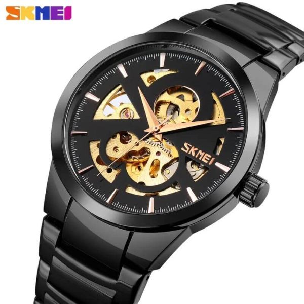 SKMEI 9243 Casual Men's Automatic Mechanical Fashion Hollow Dial Stainless Steel Strap Watch - Black