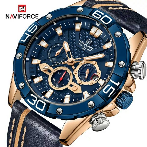 NAVIFORCE NF8019 Men's Multifunction Luminous Chronograph Leather Strap Quartz Watch - Blue/Rosegold