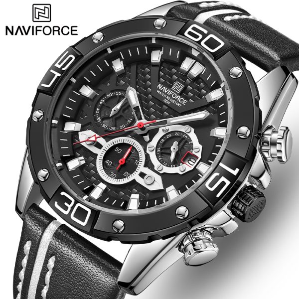 NAVIFORCE NF8019 Men's Multifunction Luminous Chronograph Leather Strap Quartz Watch - Black