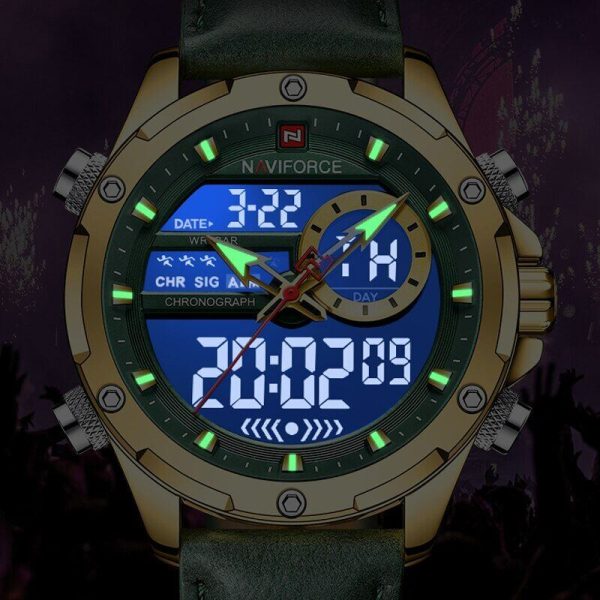 NaviForce NF9208 Men's Dual Display LCD Leather Strap Complete Calendar Wristwatch - Golden/Green - Image 4