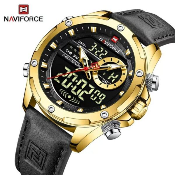 NaviForce NF9208 Men's Dual Display LCD Leather Strap Complete Calendar Wristwatch - Golden/Black