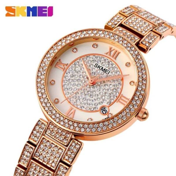 SKMEI 1739 Women's Fashion Iced Diamond Roman Numeral Index Date Display Quartz Stainless Steel Watch - RoseGold