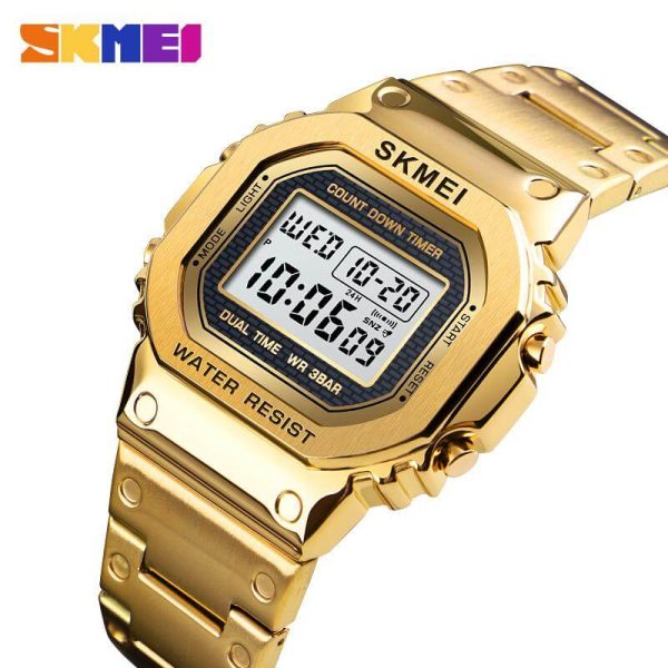 SKMEI 1456 Men's Stainless Steel Countdown Time Zone Waterproof LED Electronic Digital watch - Golden