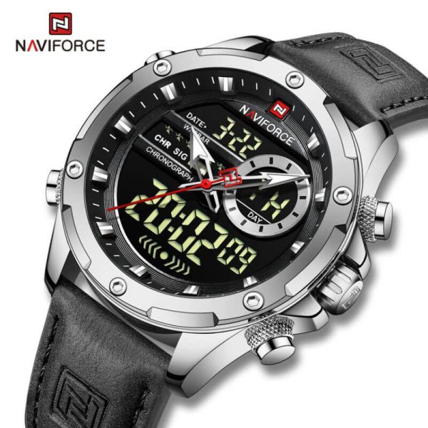 NaviForce NF9208 Men's Dual Display LCD Leather Strap Complete Calendar Wristwatch - Silver/Black