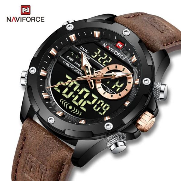 NaviForce NF9208 Men's Dual Display LCD Leather Strap Complete Calendar Wristwatch - Coffee